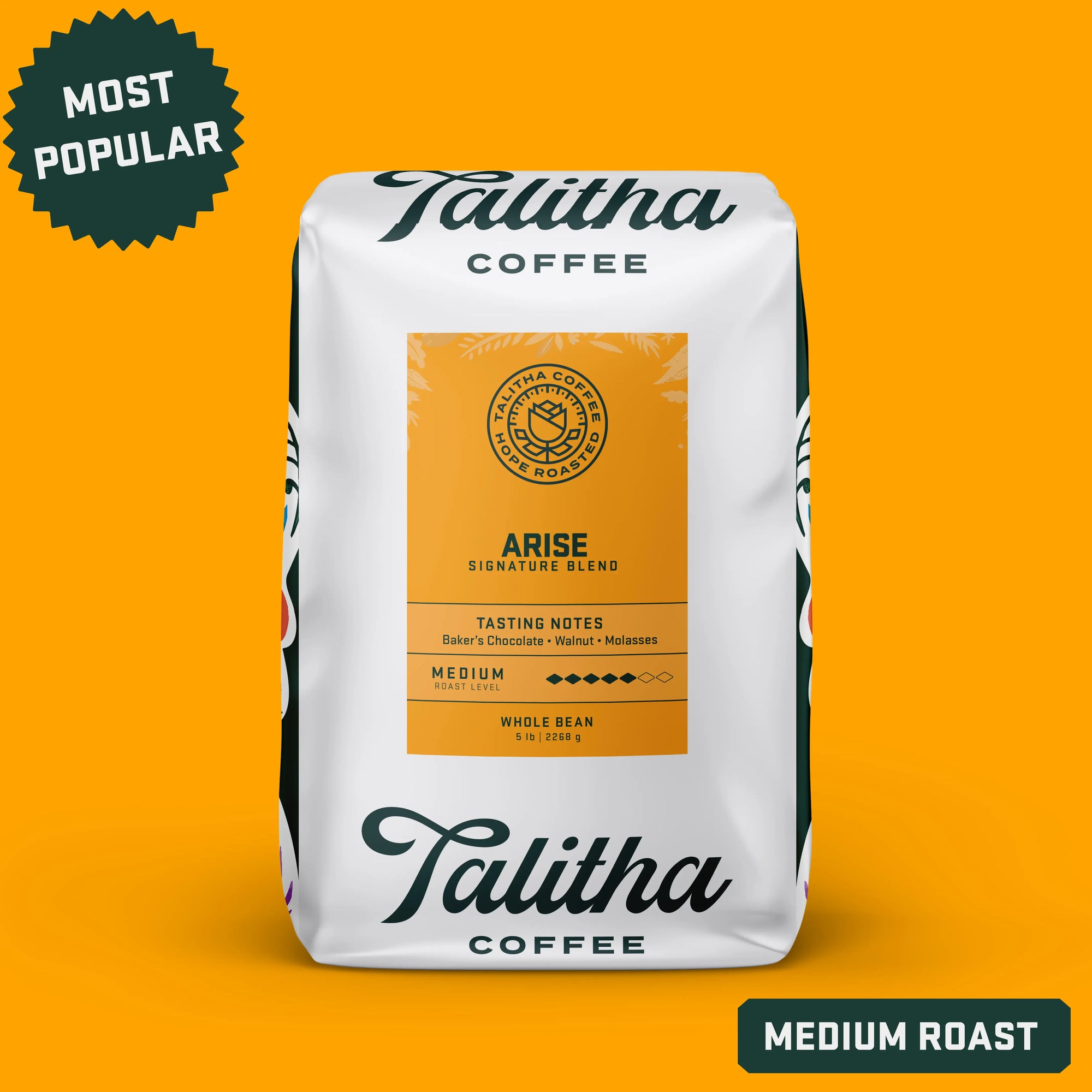 a 5lb bag of Medium Roast Organic Arise blend coffee with "Most Popular" label