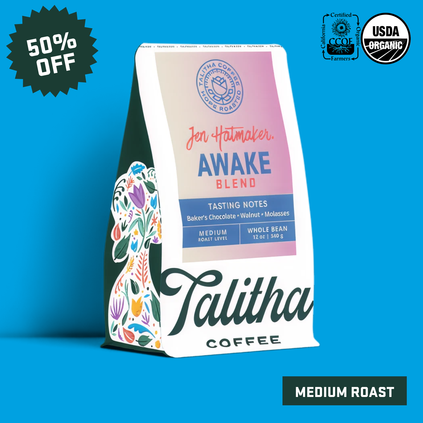 Talitha Coffee Jen Hatmaker Awake blend bag with colorful design and branding on a blue background