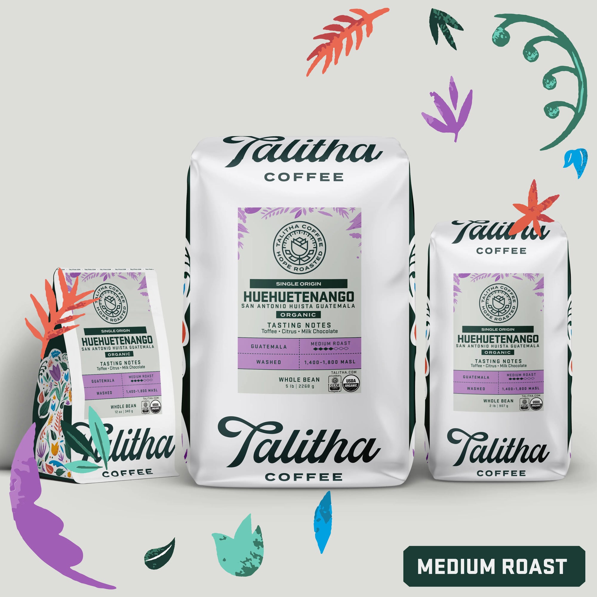 Bags of Talitha Guatemala Medium Roast Single Origin organic coffee