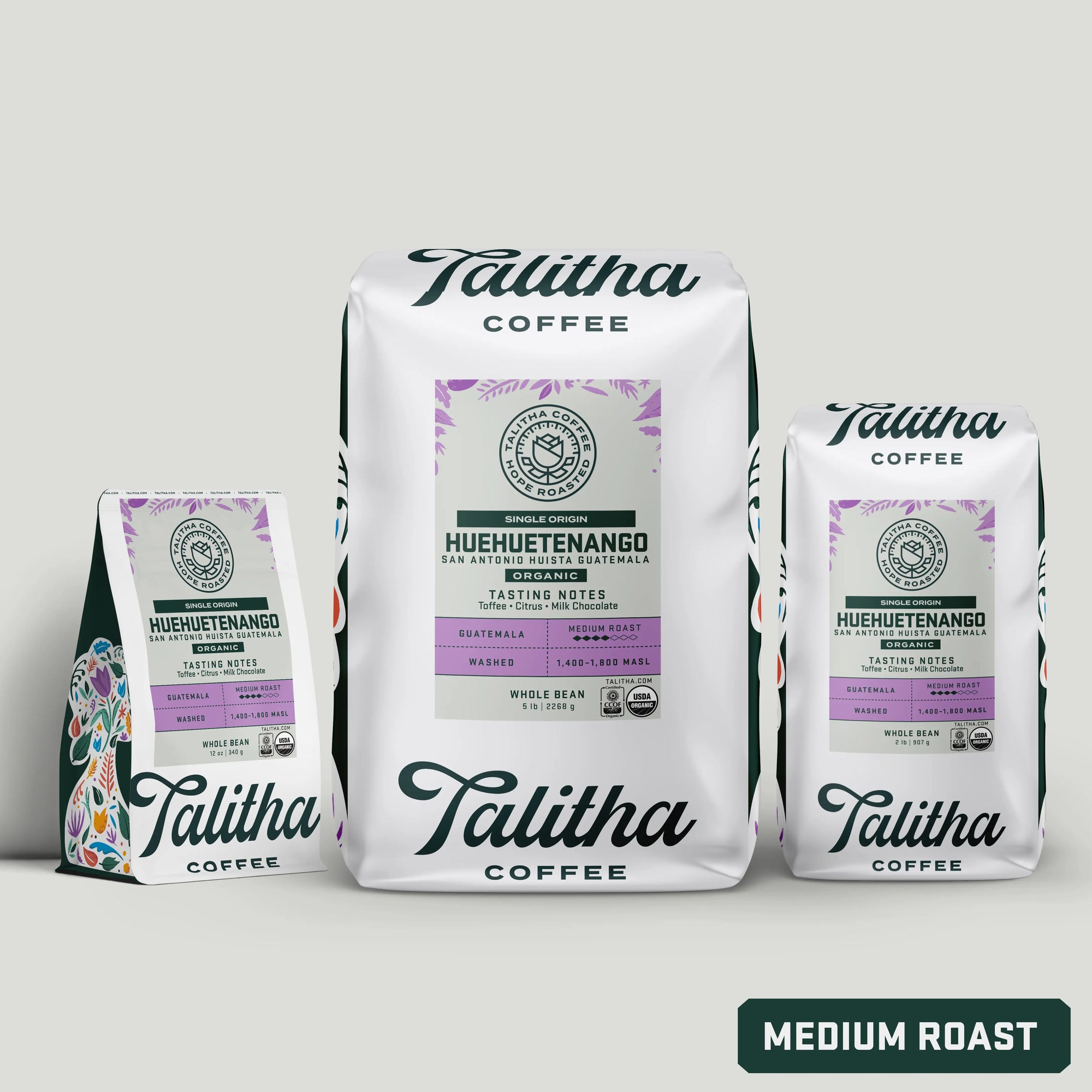 Three bags of Talitha Guatemala Single Origin medium roast on white background