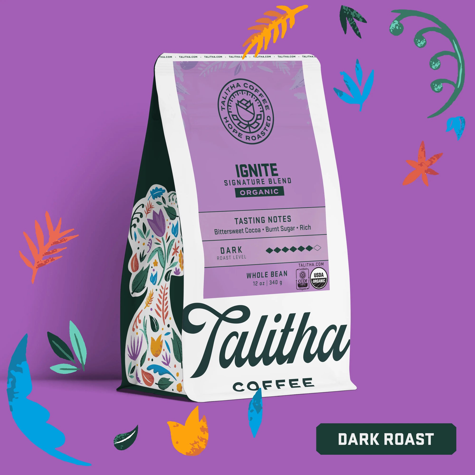 Bag of Talitha Ignite Blend coffee dark roast organic