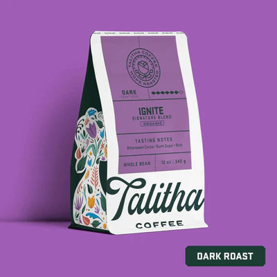 Talitha 12 oz bag of Ignite Blend Dark Roast Organic coffee