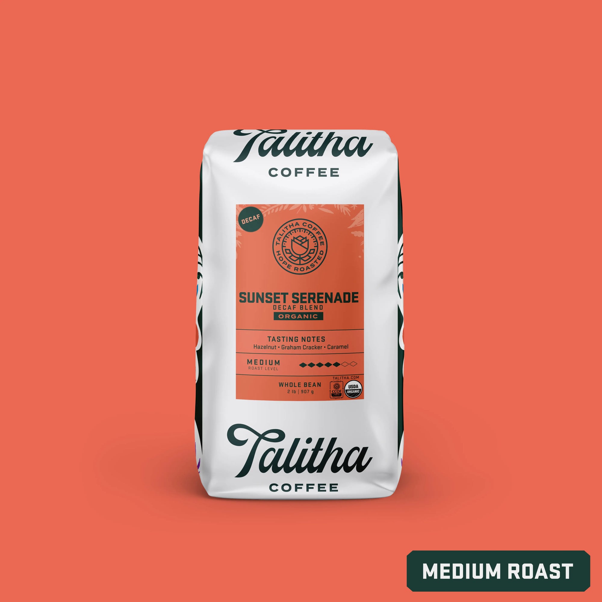 2 lb bag Talitha Sunset Serenade Organic Decaf Medium Roast coffee 