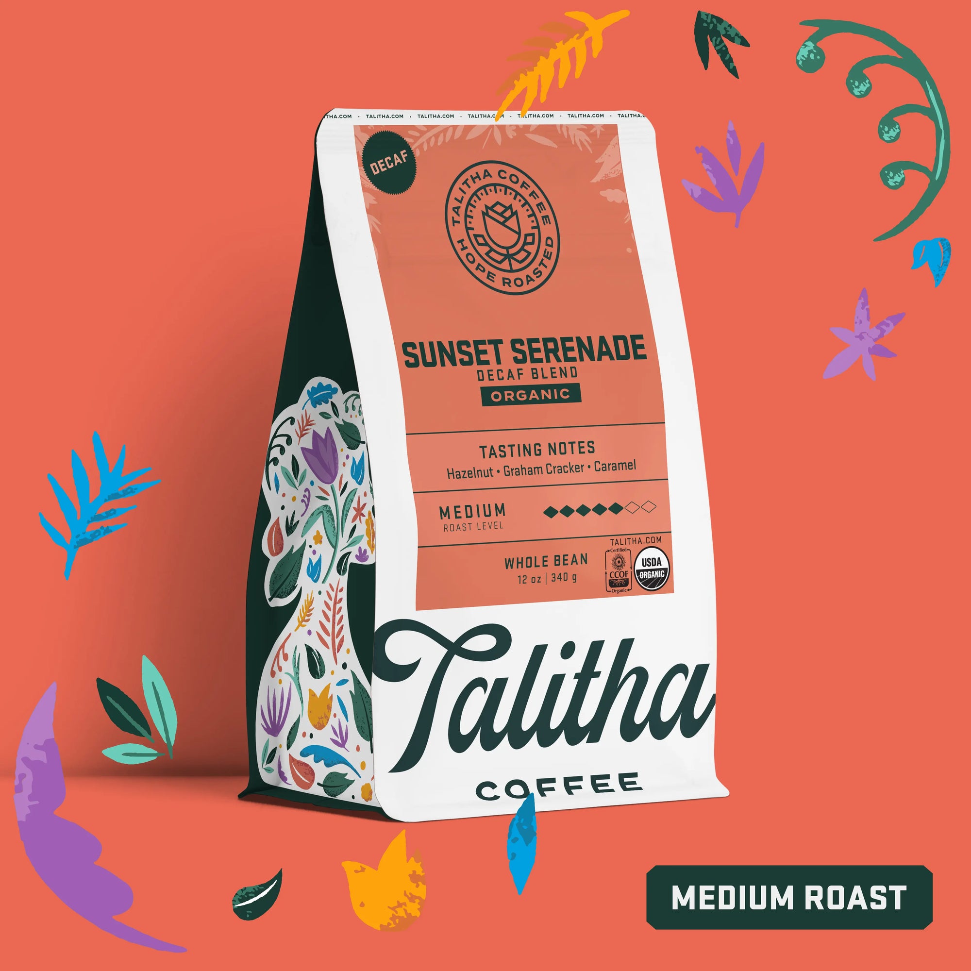 Bag of organic medium roast Talitha Sunset Serenade Decaf Blend coffee
