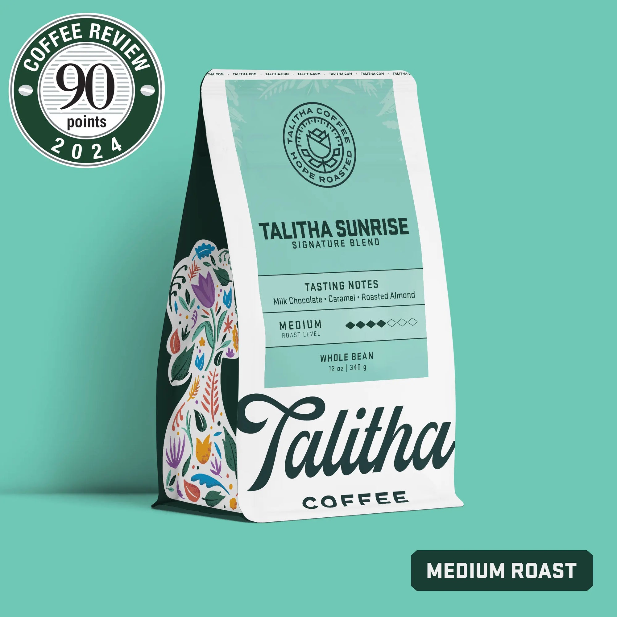 Coffee review 2024 90 points Bag of Talitha Sunrise Blend coffee medium roast